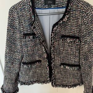 J. Crew Multicolor Tweed Cropped Fringe Blazer with Black Trim